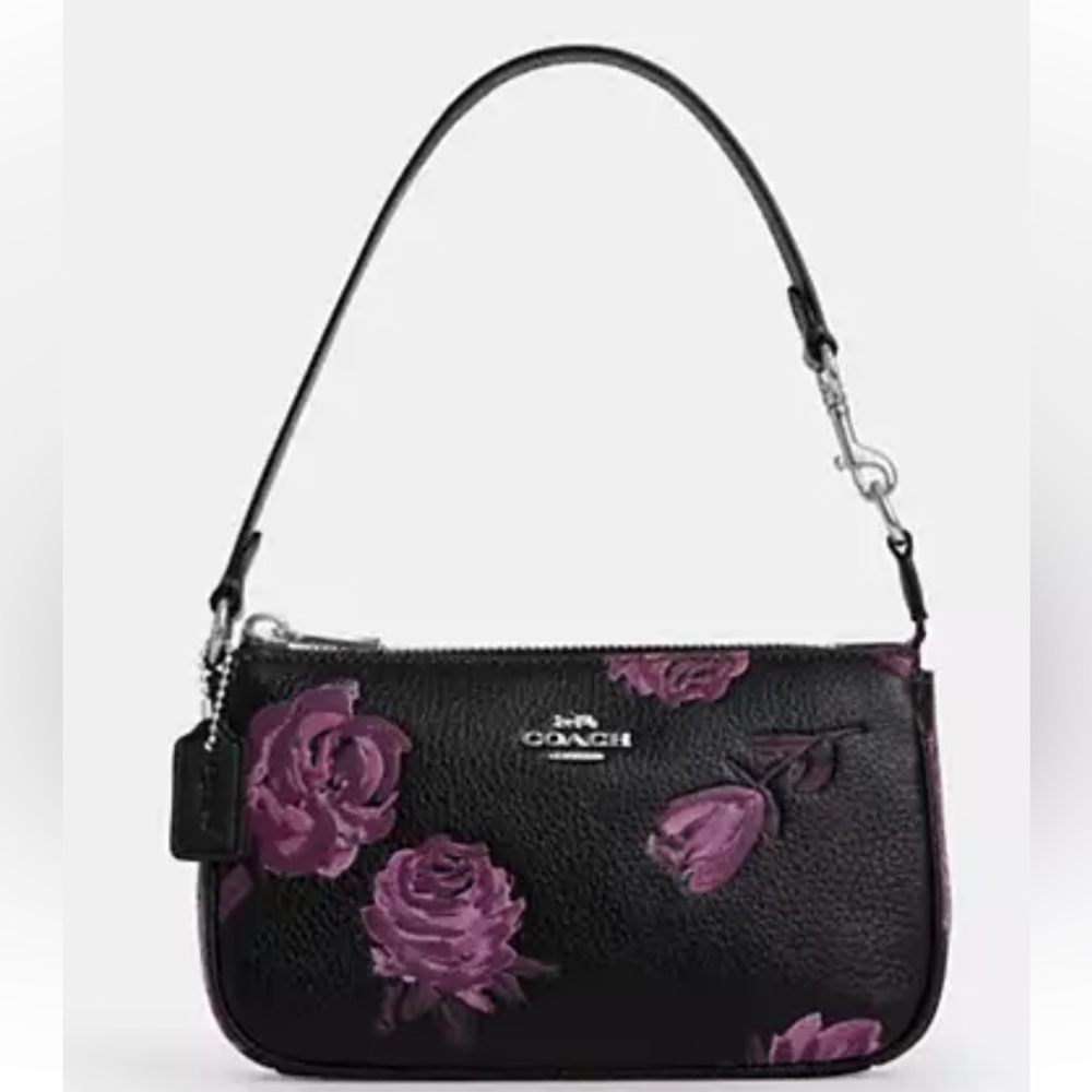 💜Coach NWT Nolita 19 Black bag with Purple Rose Pattern